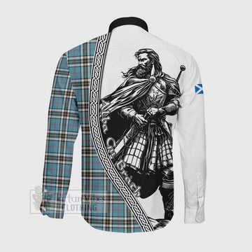 Tartan Vibes Clothing Thompson (Thomson) Tartan Clan Crest Long Sleeve Button Shirt with Highlander Warrior Celtic Style