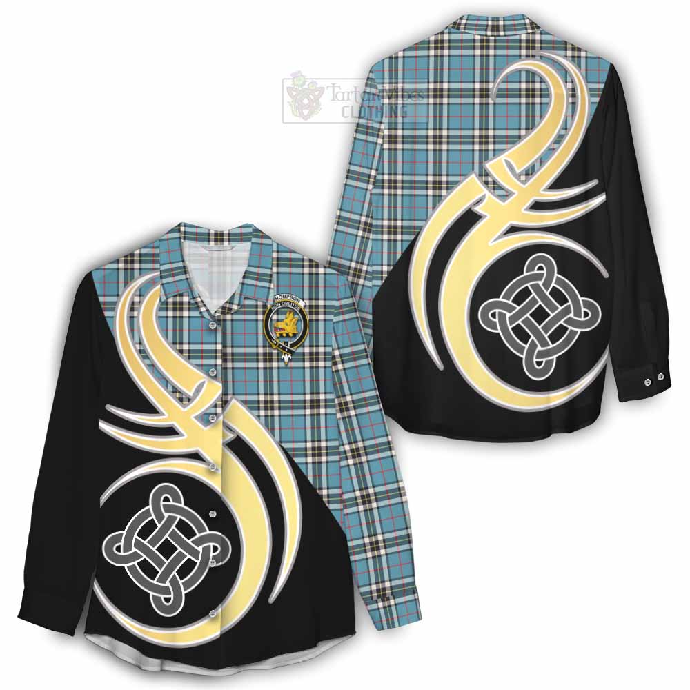Tartan Vibes Clothing Thompson (Thomson) Tartan Women's Casual Shirt with Family Crest and Celtic Symbol Style