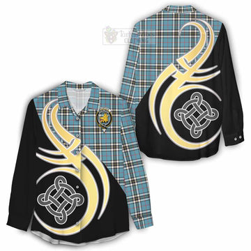 Tartan Vibes Clothing Thompson (Thomson) Tartan Women's Casual Shirt with Family Crest and Celtic Symbol Style