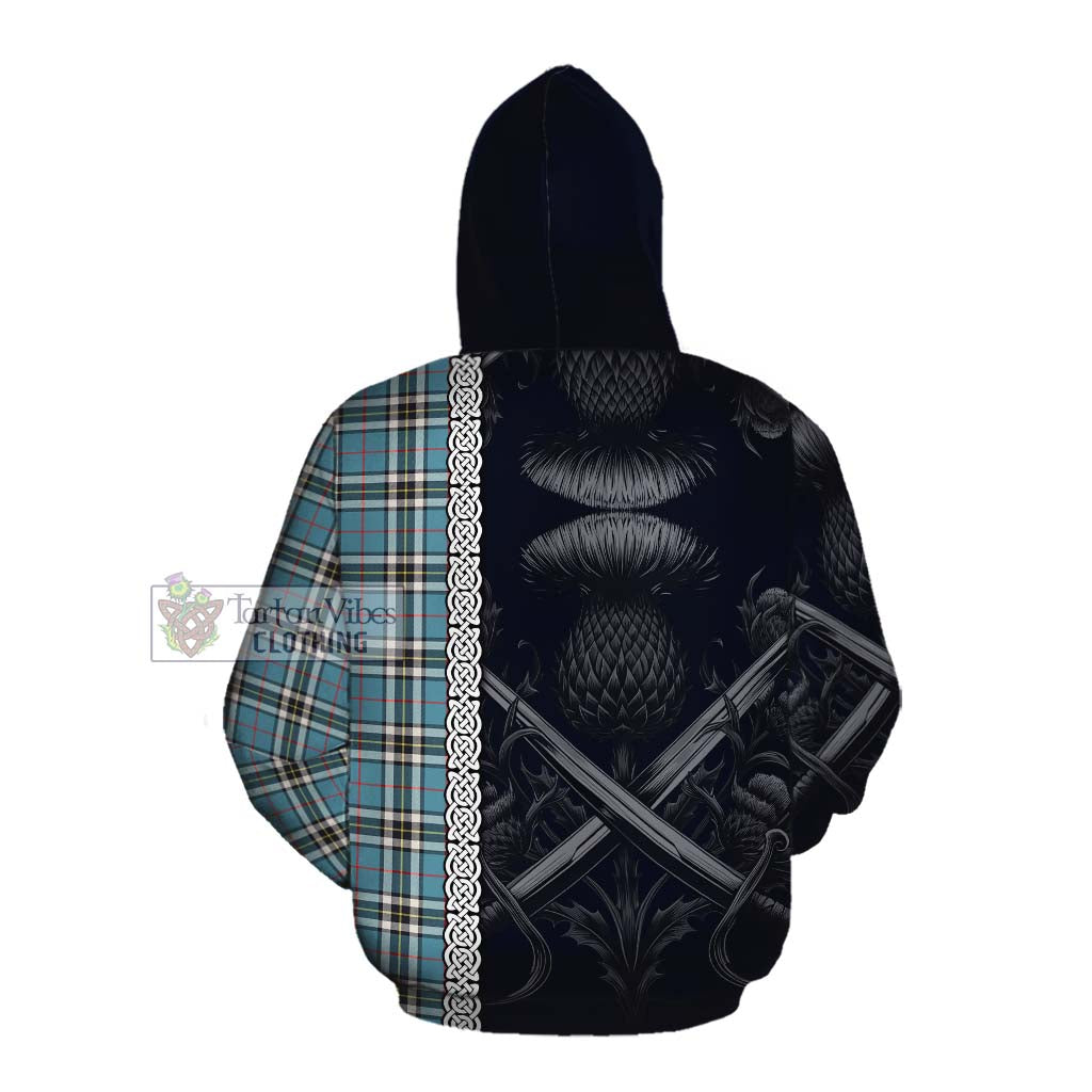 Tartan Vibes Clothing Thompson (Thomson) Tartan Cotton Hoodie with Family Crest Cross Sword Thistle Celtic Vibes