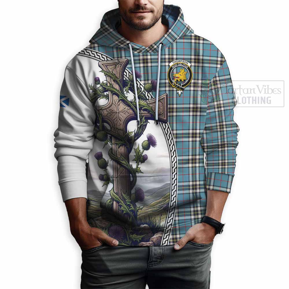 Tartan Vibes Clothing Thompson (Thomson) Tartan Hoodie with Family Crest and St. Andrew's Cross Accented by Thistle Vines