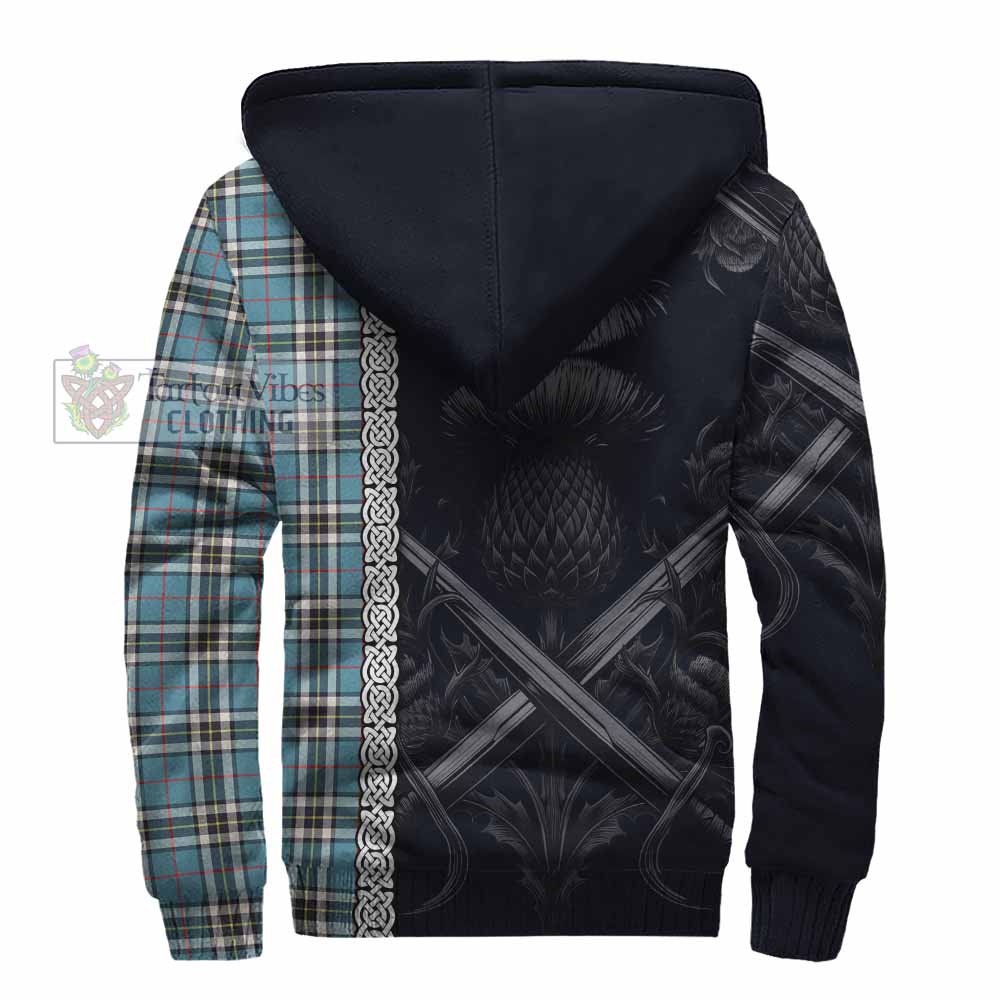 Tartan Vibes Clothing Thompson (Thomson) Tartan Sherpa Hoodie with Family Crest Cross Sword Thistle Celtic Vibes