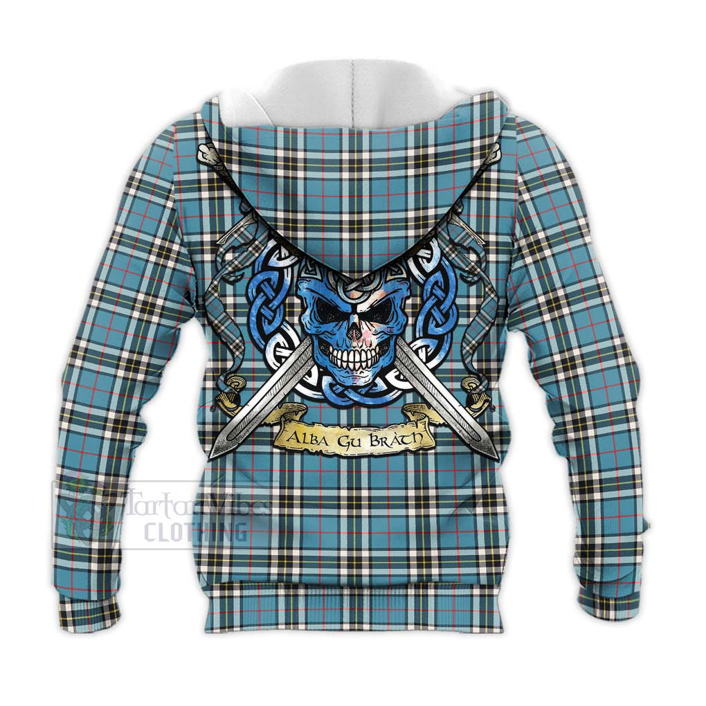 Tartan Vibes Clothing Thompson (Thomson) Tartan Knitted Hoodie with Family Crest Celtic Skull Style