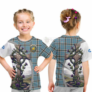 Tartan Vibes Clothing Thompson (Thomson) Tartan Kid T-Shirt with Family Crest and St. Andrew's Cross Accented by Thistle Vines