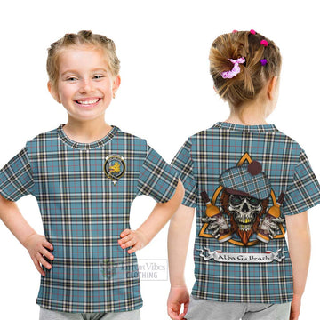 Tartan Vibes Clothing Thompson (Thomson) Tartan Kid T-Shirt with Family Crest and Bearded Skull Holding Bottles of Whiskey