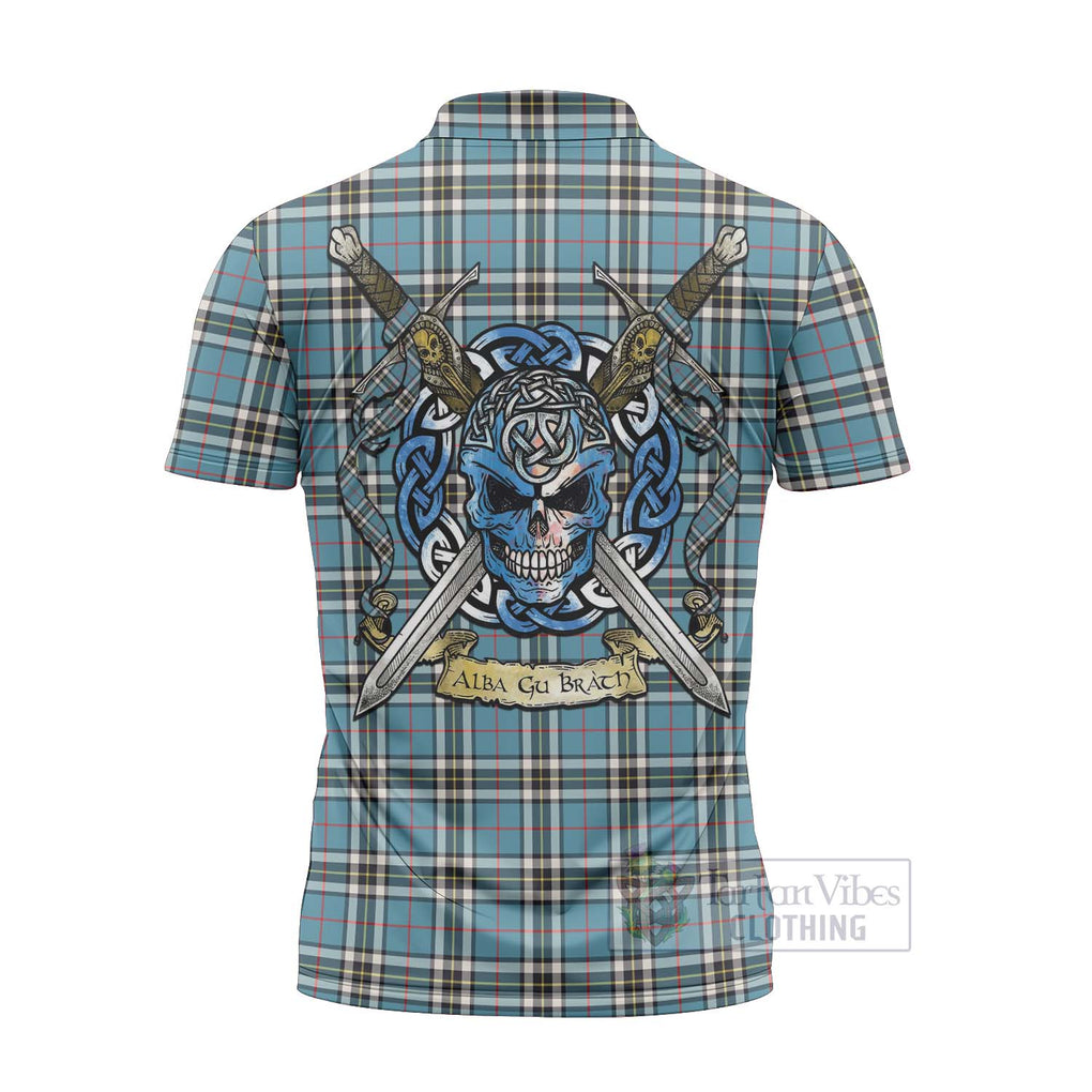 Tartan Vibes Clothing Thompson (Thomson) Tartan Zipper Polo Shirt with Family Crest Celtic Skull Style
