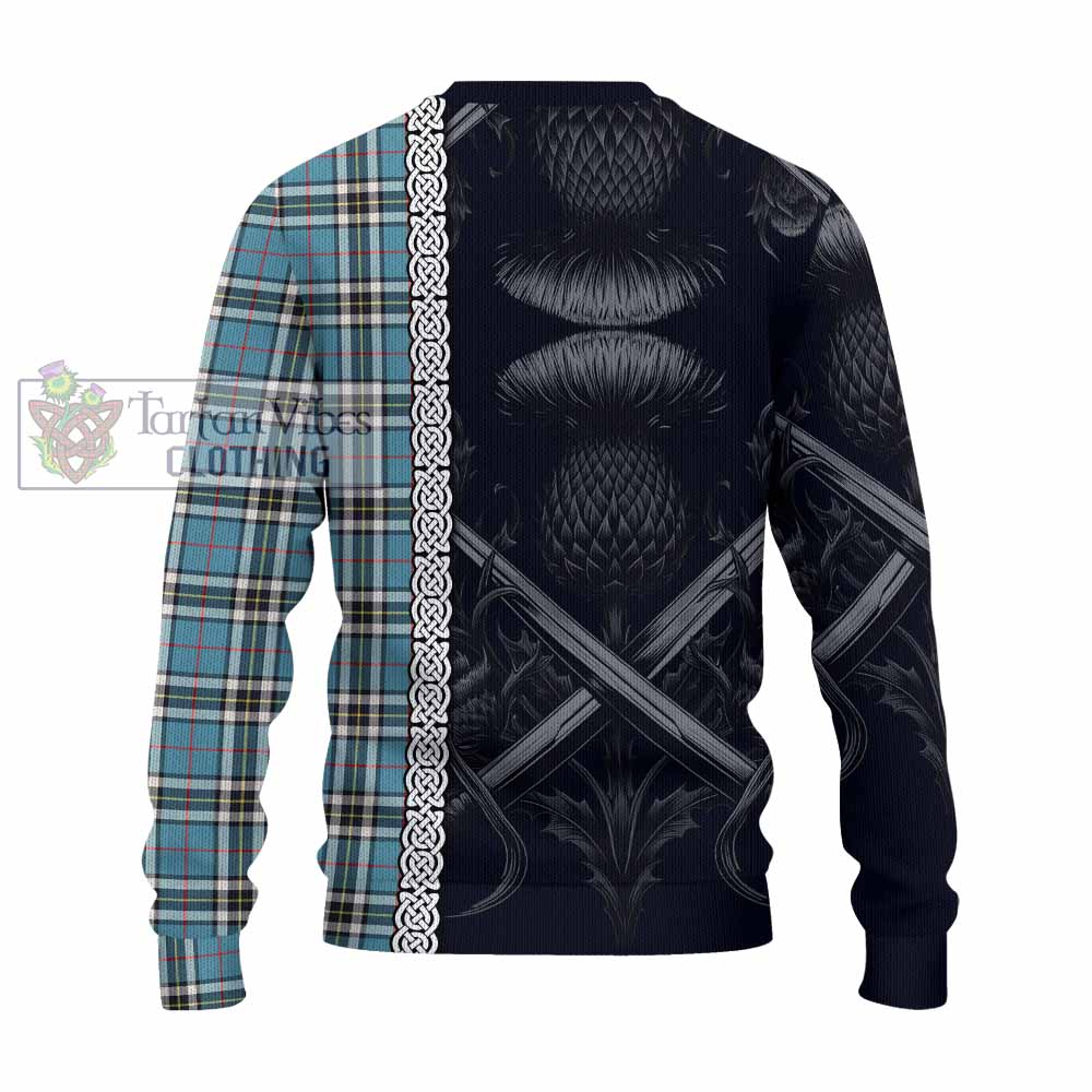 Tartan Vibes Clothing Thompson (Thomson) Tartan Knitted Sweater with Family Crest Cross Sword Thistle Celtic Vibes
