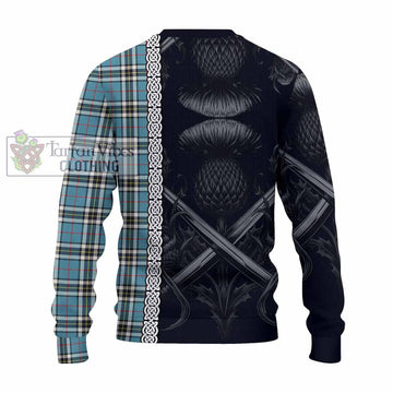 Tartan Vibes Clothing Thompson (Thomson) Tartan Knitted Sweater with Family Crest Cross Sword Thistle Celtic Vibes