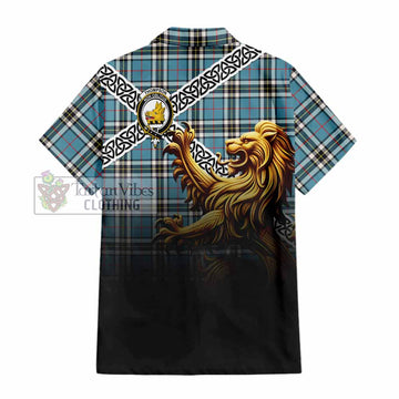 Tartan Vibes Clothing Thompson (Thomson) Crest Tartan Short Sleeve Button Shirt with Golden Lion Emblem Celtic Style