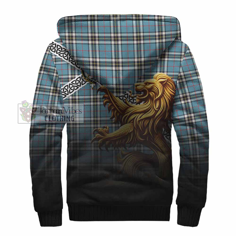 Tartan Vibes Clothing Thompson (Thomson) Crest Tartan Sherpa Hoodie with Golden Lion Emblem Celtic Style