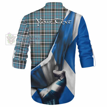 Tartan Vibes Clothing Thompson (Thomson) Tartan Ghillie Kilt Shirt with Family Crest Scotland Patriotic Style
