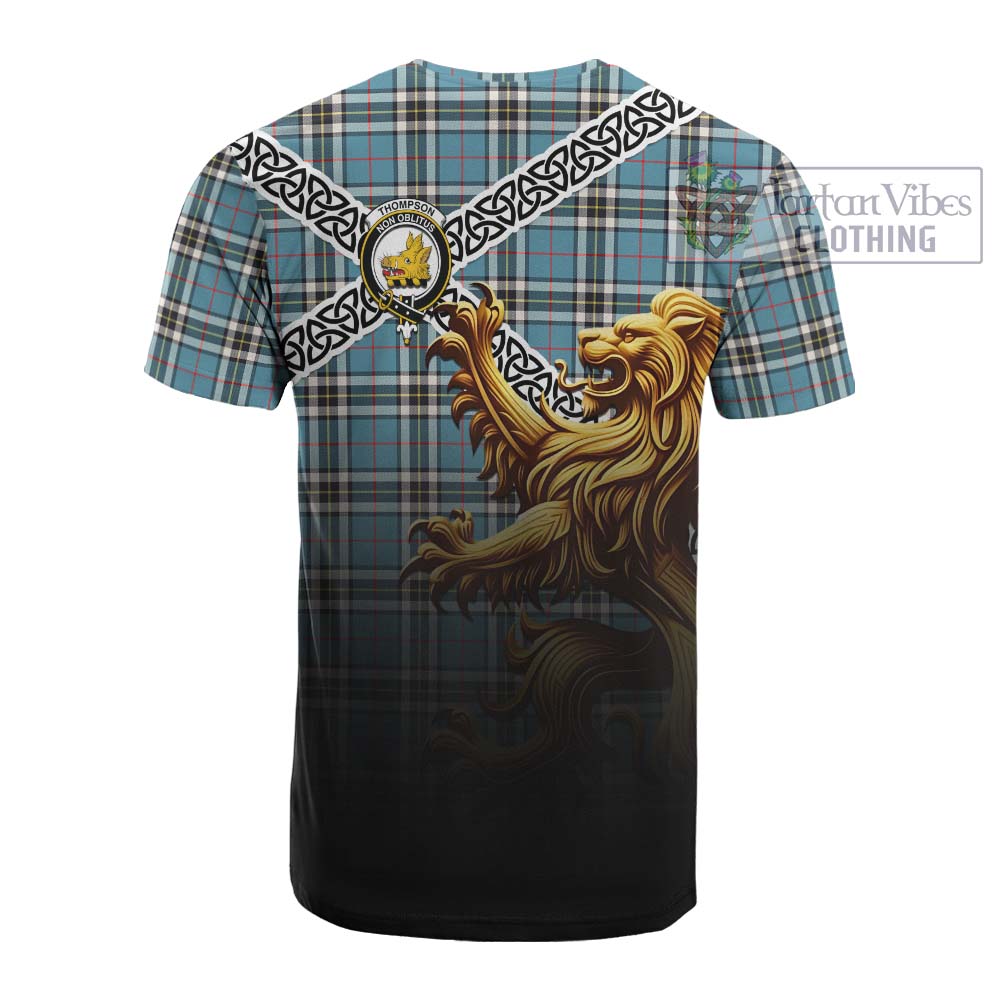 Tartan Vibes Clothing Thompson (Thomson) Crest Tartan Cotton T-shirt with Golden Lion Emblem Celtic Style