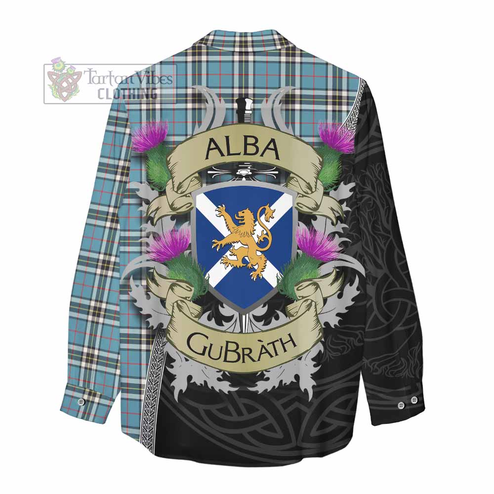 Tartan Vibes Clothing Thompson (Thomson) Tartan Family Crest Women's Casual Shirt Lion Rampant Royal Thistle Shield Celtic Inspired