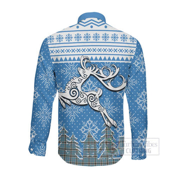 Tartan Vibes Clothing Thompson (Thomson) Clan Christmas Long Sleeve Button Shirt Celtic Reindeer Style