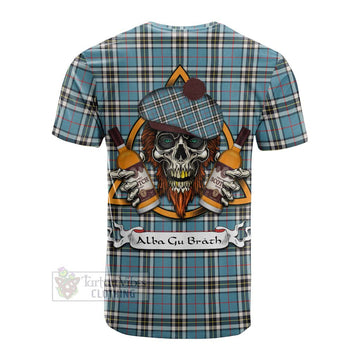 Tartan Vibes Clothing Thompson (Thomson) Tartan Cotton T-shirt with Family Crest and Bearded Skull Holding Bottles of Whiskey