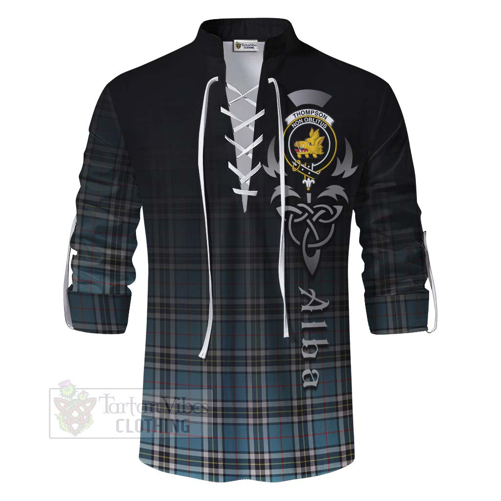 Tartan Vibes Clothing Thompson (Thomson) Tartan Ghillie Kilt Shirt Featuring Alba Gu Brath Family Crest Celtic Inspired
