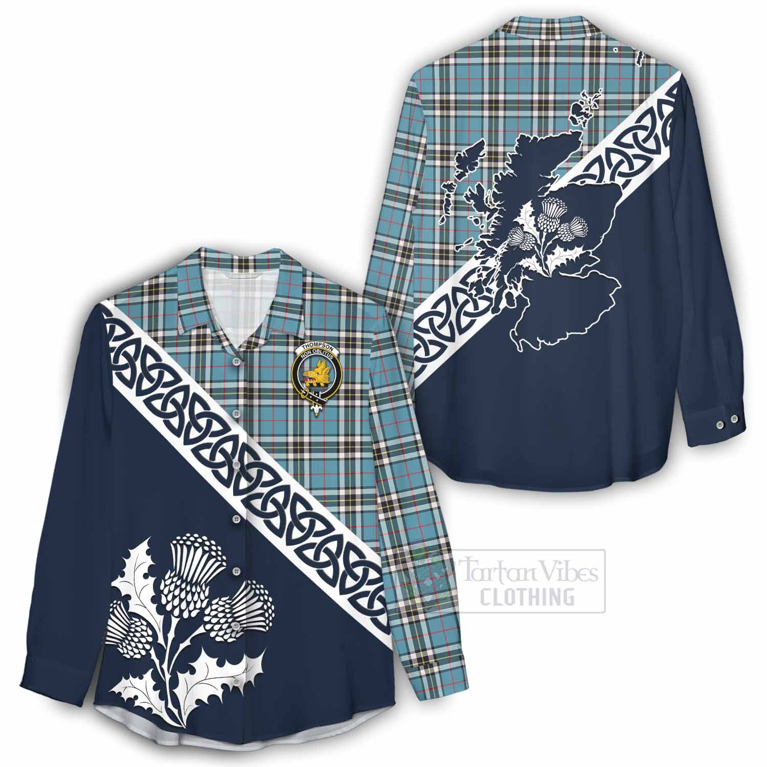 Tartan Vibes Clothing Thompson (Thomson) Tartan Women's Casual Shirt Featuring Thistle and Scotland Map