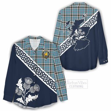 Tartan Vibes Clothing Thompson (Thomson) Tartan Women's Casual Shirt Featuring Thistle and Scotland Map