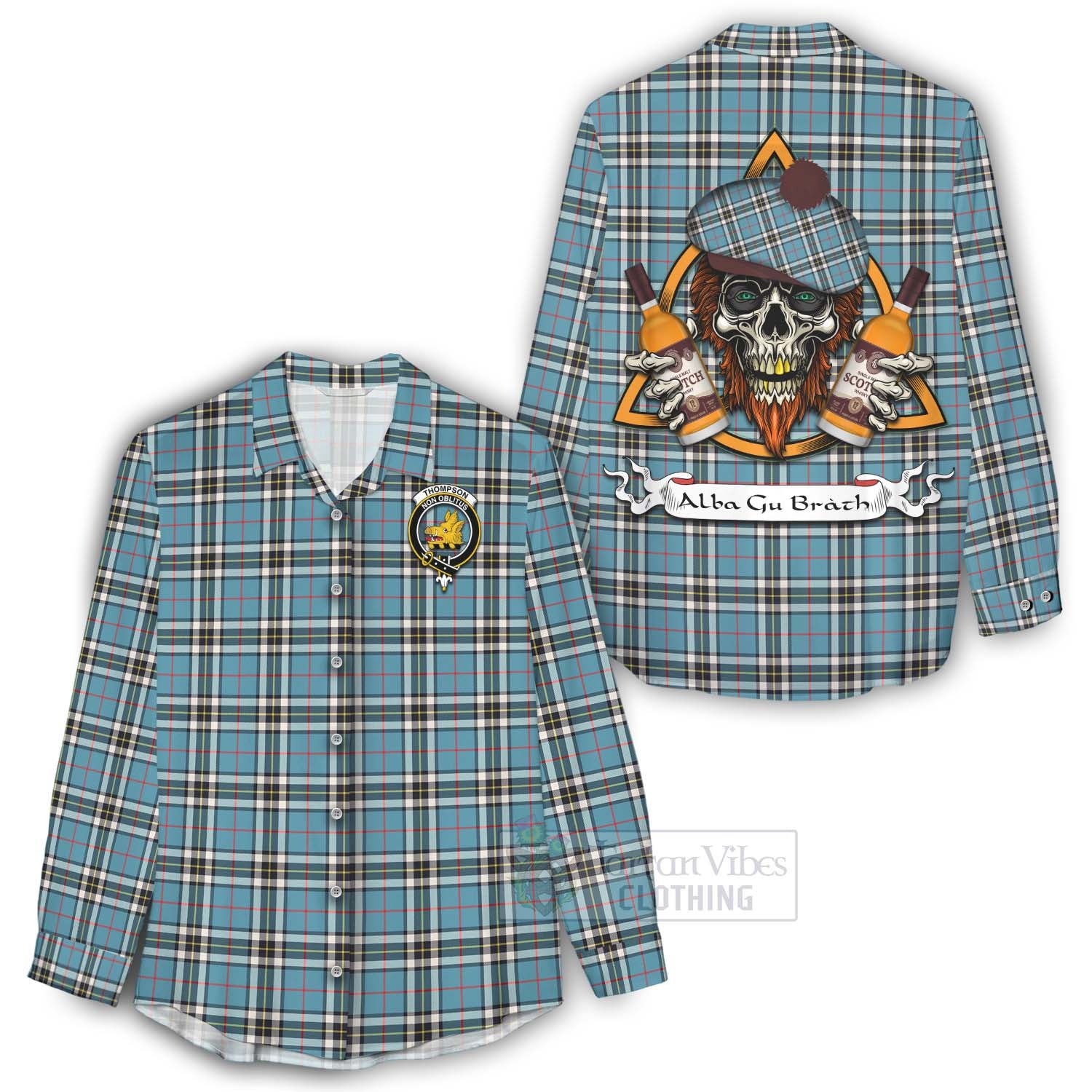 Tartan Vibes Clothing Thompson (Thomson) Tartan Women's Casual Shirt with Family Crest and Bearded Skull Holding Bottles of Whiskey