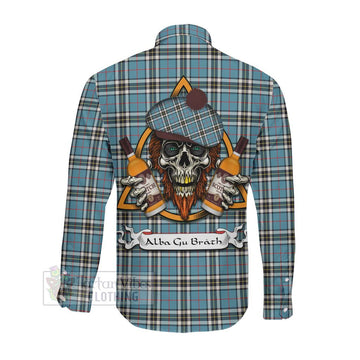 Tartan Vibes Clothing Thompson (Thomson) Tartan Long Sleeve Button Shirt with Family Crest and Bearded Skull Holding Bottles of Whiskey