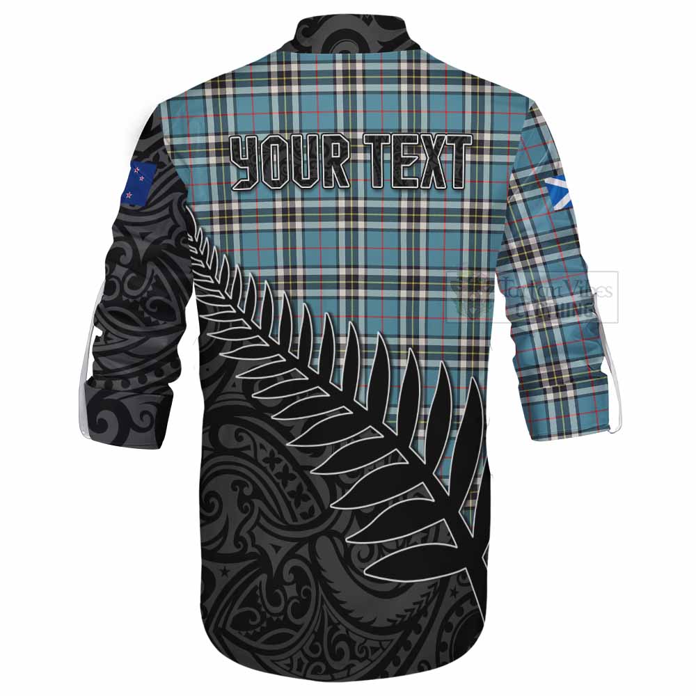 Tartan Vibes Clothing Thompson (Thomson) Crest Tartan Ghillie Kilt Shirt with New Zealand Silver Fern Half Style