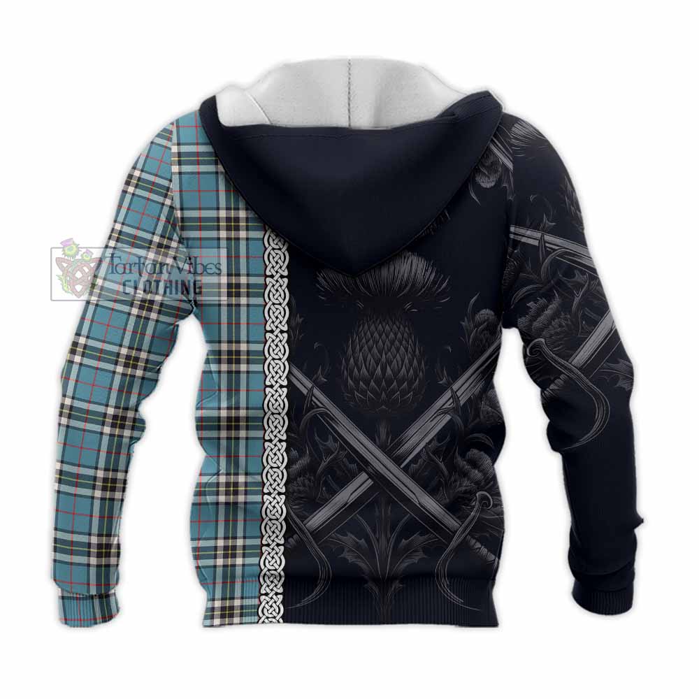 Tartan Vibes Clothing Thompson (Thomson) Tartan Knitted Hoodie with Family Crest Cross Sword Thistle Celtic Vibes