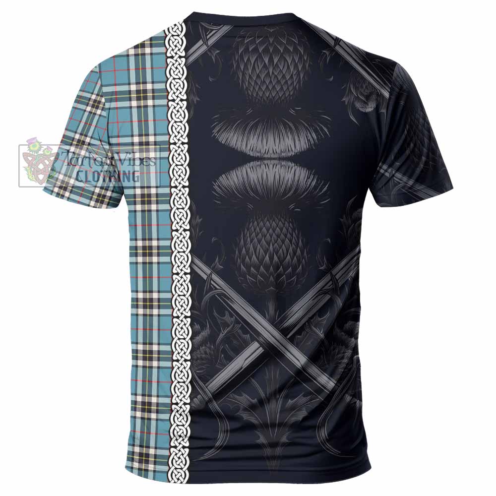 Tartan Vibes Clothing Thompson (Thomson) Tartan T-Shirt with Family Crest Cross Sword Thistle Celtic Vibes