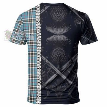 Tartan Vibes Clothing Thompson (Thomson) Tartan T-Shirt with Family Crest Cross Sword Thistle Celtic Vibes