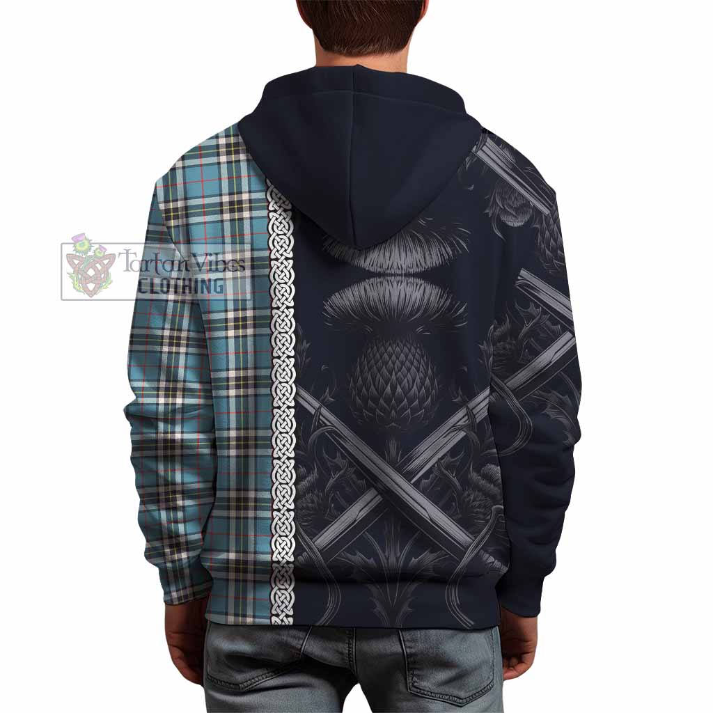 Tartan Vibes Clothing Thompson (Thomson) Tartan Hoodie with Family Crest Cross Sword Thistle Celtic Vibes