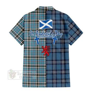 Tartan Vibes Clothing Thompson (Thomson) Tartan Short Sleeve Button Shirt Happy St. Andrew's Day Half Tartan Style