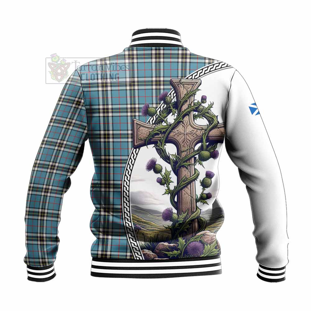 Tartan Vibes Clothing Thompson (Thomson) Tartan Baseball Jacket with Family Crest and St. Andrew's Cross Accented by Thistle Vines