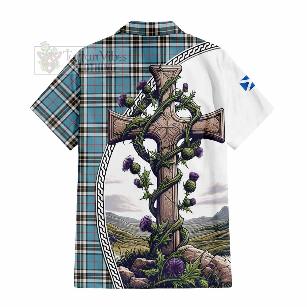 Tartan Vibes Clothing Thompson (Thomson) Tartan Short Sleeve Button Shirt with Family Crest and St. Andrew's Cross Accented by Thistle Vines