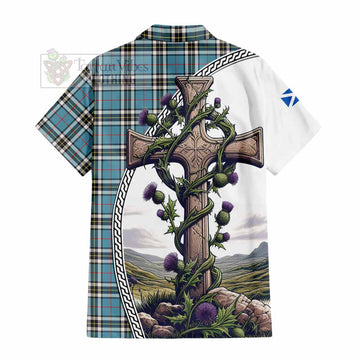 Tartan Vibes Clothing Thompson (Thomson) Tartan Short Sleeve Button Shirt with Family Crest and St. Andrew's Cross Accented by Thistle Vines