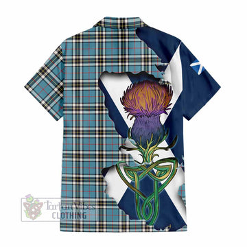 Tartan Vibes Clothing Thompson (Thomson) Tartan Family Crest Short Sleeve Button Shirt Scottish Thistle Celtic Inspired