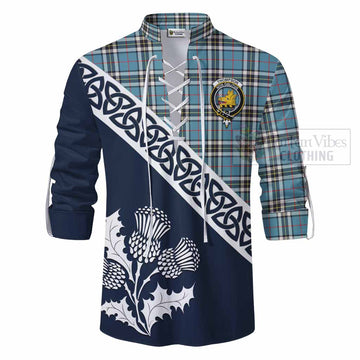 Tartan Vibes Clothing Thompson (Thomson) Tartan Ghillie Kilt Shirt Featuring Thistle and Scotland Map