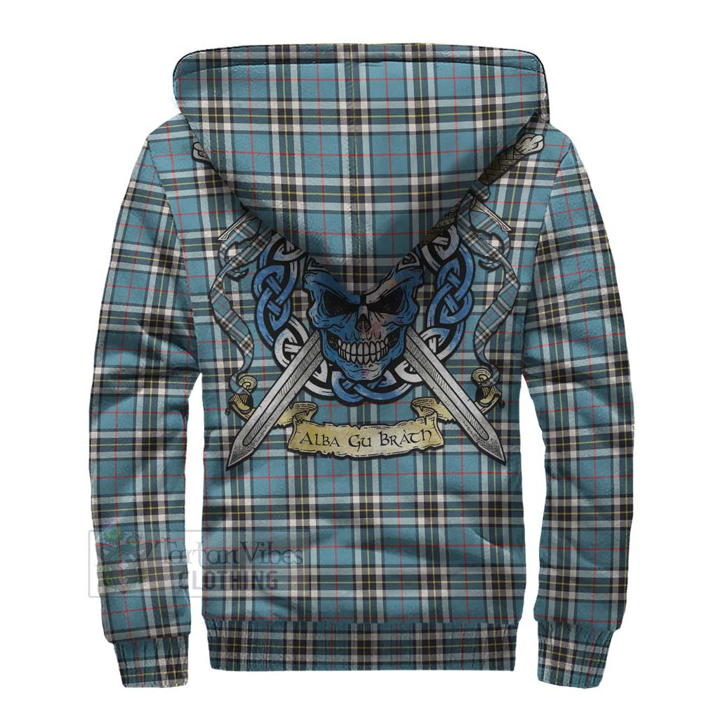 Tartan Vibes Clothing Thompson (Thomson) Tartan Sherpa Hoodie with Family Crest Celtic Skull Style
