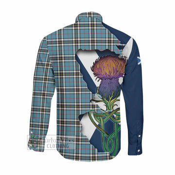 Tartan Vibes Clothing Thompson (Thomson) Tartan Family Crest Long Sleeve Button Shirt Scottish Thistle Celtic Inspired