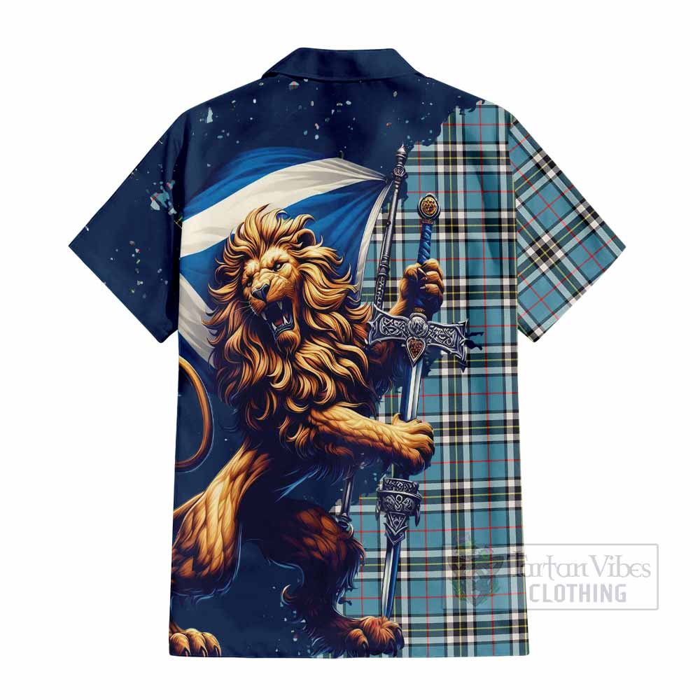 Tartan Vibes Clothing Thompson (Thomson) Tartan Family Crest Short Sleeve Button Shirt with Scottish Majestic Lion