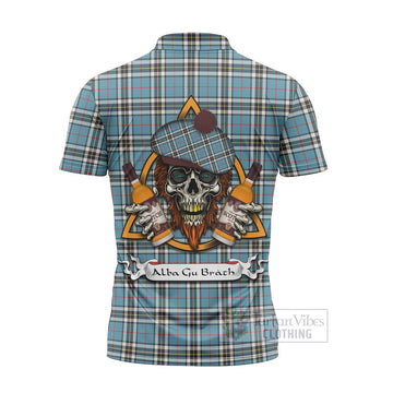 Tartan Vibes Clothing Thompson (Thomson) Tartan Zipper Polo Shirt with Family Crest and Bearded Skull Holding Bottles of Whiskey