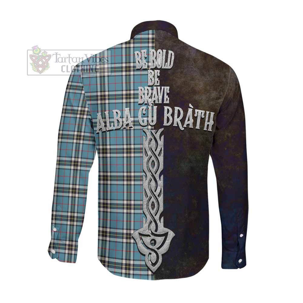 Tartan Vibes Clothing Thompson (Thomson) Tartan Family Crest Long Sleeve Button Shirt Alba Gu Brath Be Brave Lion Ancient Style