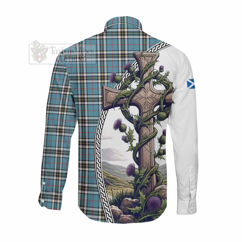 Tartan Vibes Clothing Thompson (Thomson) Tartan Long Sleeve Button Shirt with Family Crest and St. Andrew's Cross Accented by Thistle Vines