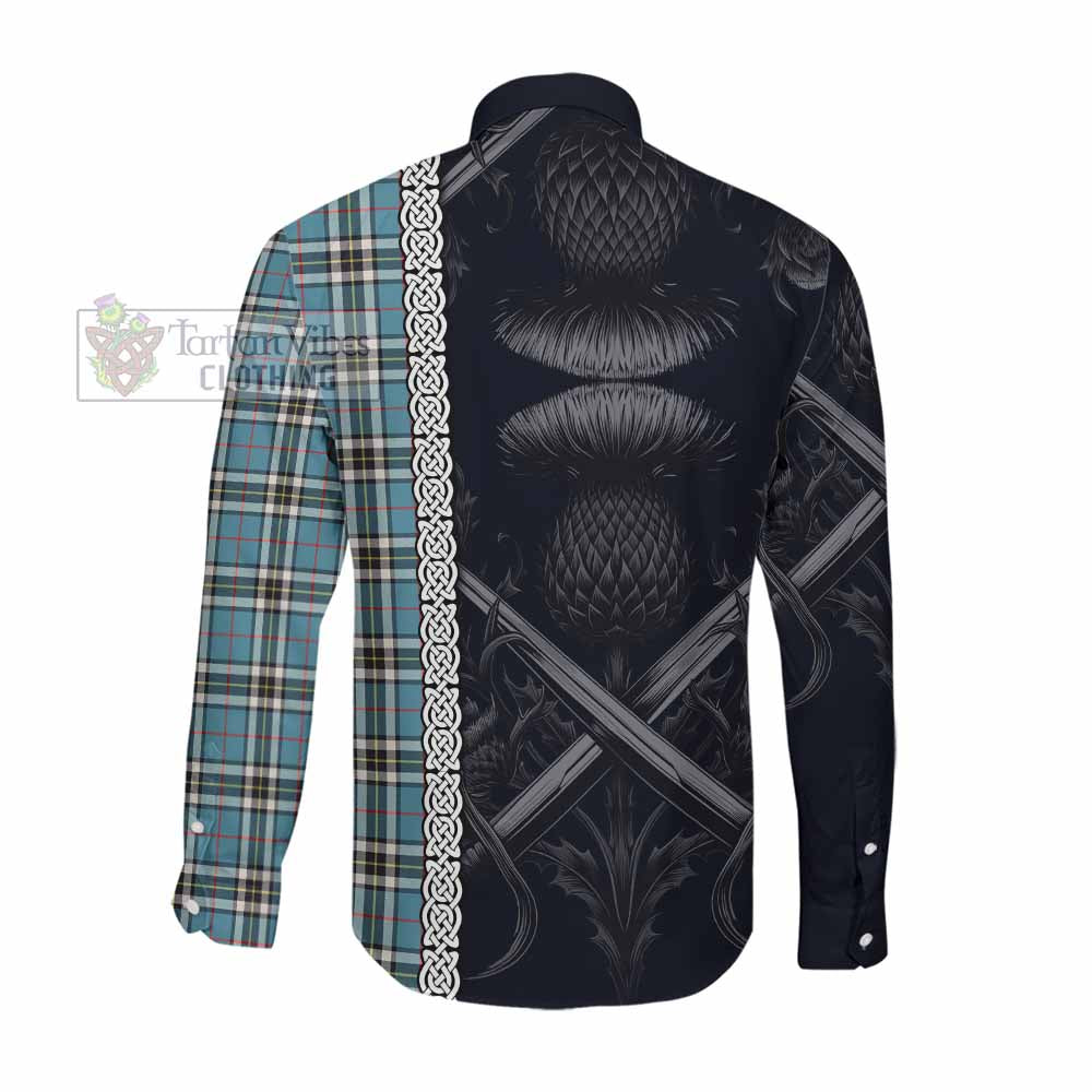 Tartan Vibes Clothing Thompson (Thomson) Tartan Long Sleeve Button Shirt with Family Crest Cross Sword Thistle Celtic Vibes