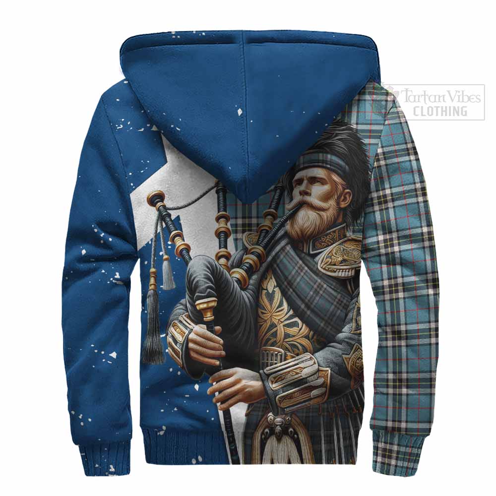 Tartan Vibes Clothing Thompson (Thomson) Tartan Sherpa Hoodie with Family Crest Scottish Bagpiper Vibes