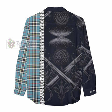 Tartan Vibes Clothing Thompson (Thomson) Tartan Women's Casual Shirt with Family Crest Cross Sword Thistle Celtic Vibes