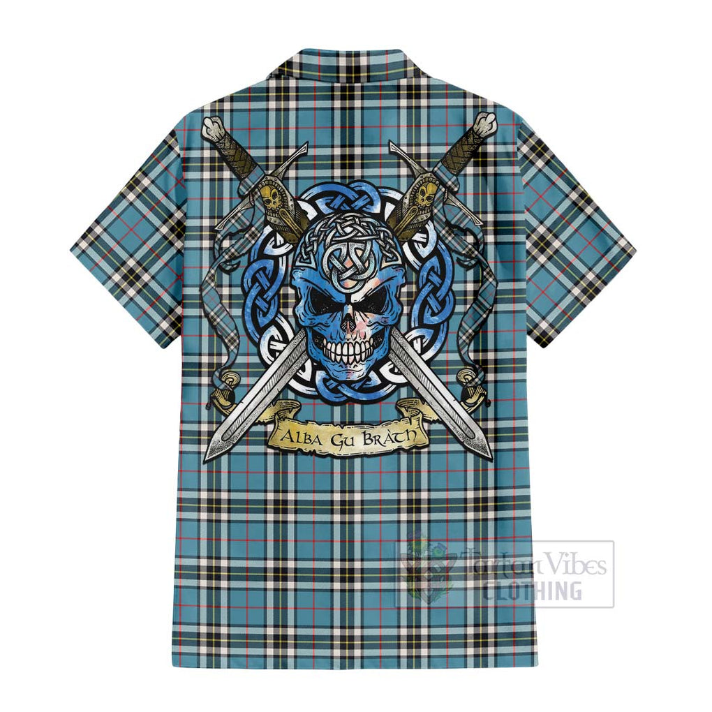 Tartan Vibes Clothing Thompson (Thomson) Tartan Short Sleeve Button Shirt with Family Crest Celtic Skull Style