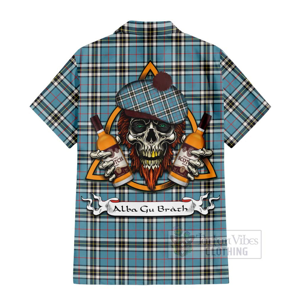 Tartan Vibes Clothing Thompson (Thomson) Tartan Short Sleeve Button Shirt with Family Crest and Bearded Skull Holding Bottles of Whiskey