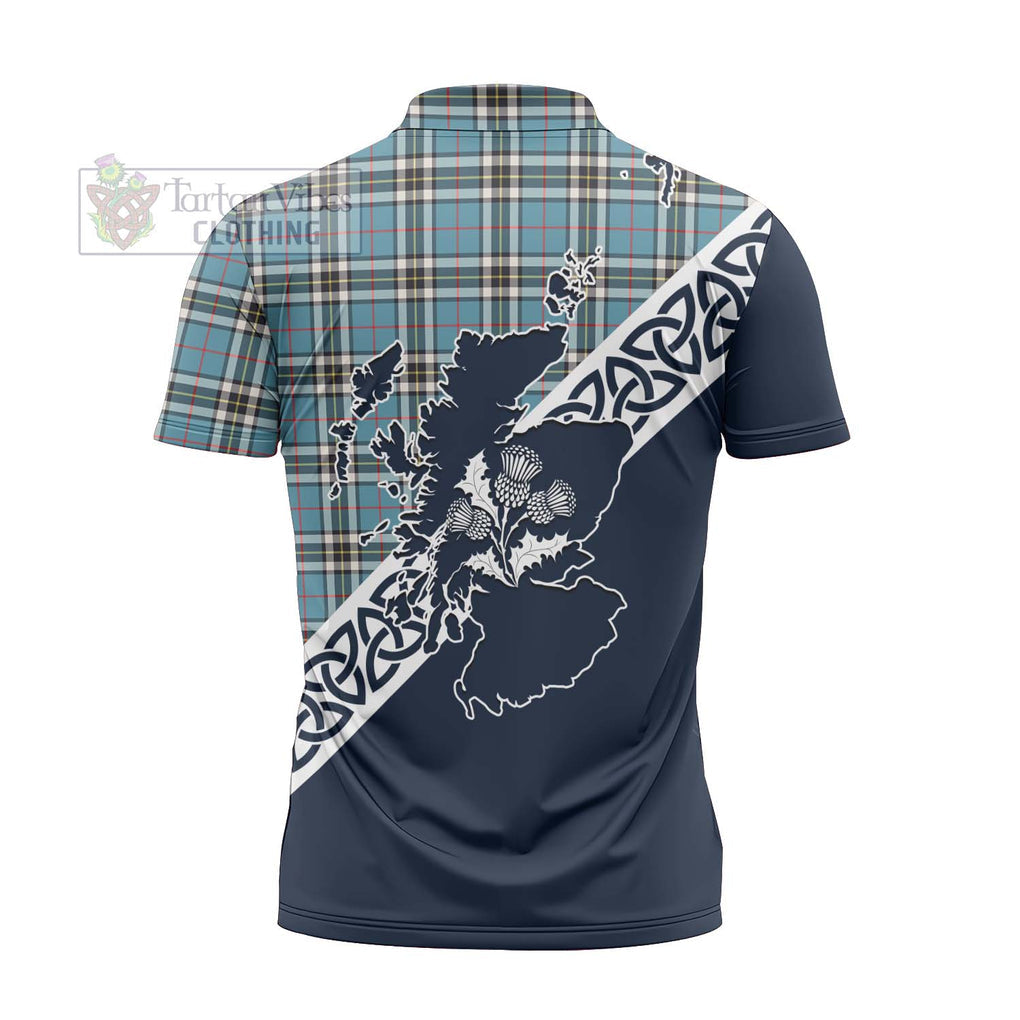 Tartan Vibes Clothing Thompson (Thomson) Tartan Zipper Polo Shirt Featuring Thistle and Scotland Map