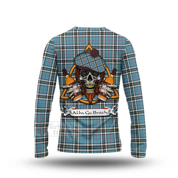 Tartan Vibes Clothing Thompson (Thomson) Tartan Long Sleeve T-Shirt with Family Crest and Bearded Skull Holding Bottles of Whiskey
