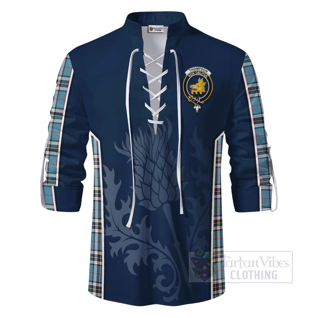 Tartan Vibes Clothing Thompson (Thomson) Tartan Ghillie Kilt Shirt with Family Crest and Scottish Thistle Vibes Sport Style