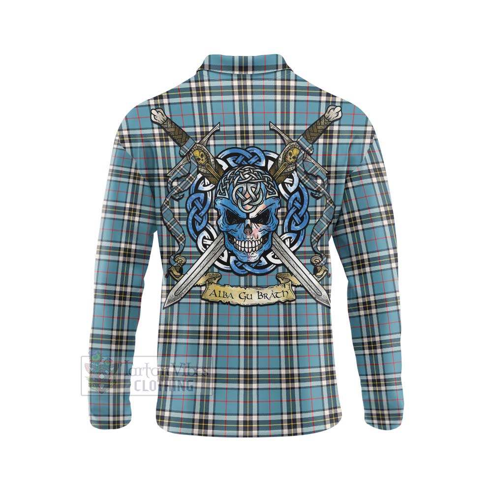 Tartan Vibes Clothing Thompson (Thomson) Tartan Long Sleeve Polo Shirt with Family Crest Celtic Skull Style